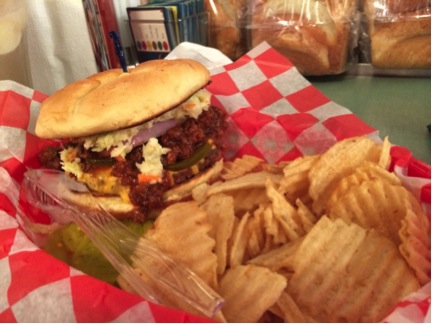 Rocky’s “Carolina Burger” topped with chili, slaw, and onions. 
