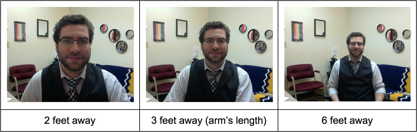 This is a compilation of three images showing a man sitting 2, 3, and 6 feet away from a webcam.