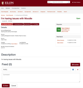 An example of what you see when viewing details of a ticket request submitted in Elon's new service catalog.