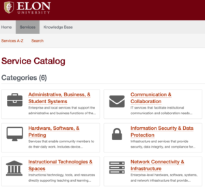 The categories page of Elon's new service catalog.
