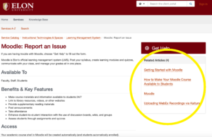 The Moodle: Report an Issue service catalog page with the Related Articles section highlighted.