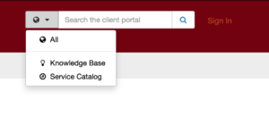 The search bar located in the top right header of Elon's new service catalog and knowledge base.