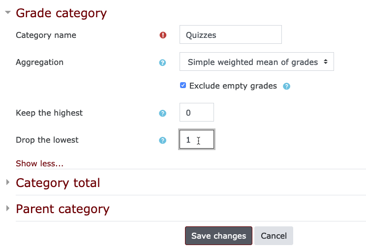 Entering the lowest number of scores to drop in Moodle gradebook