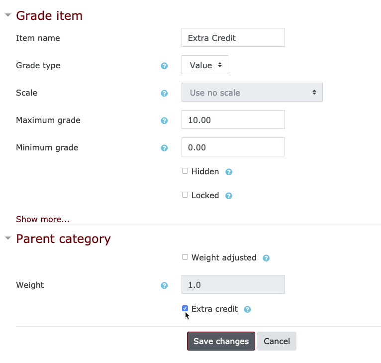 creating an extra credit item in the Moodle gradebook.