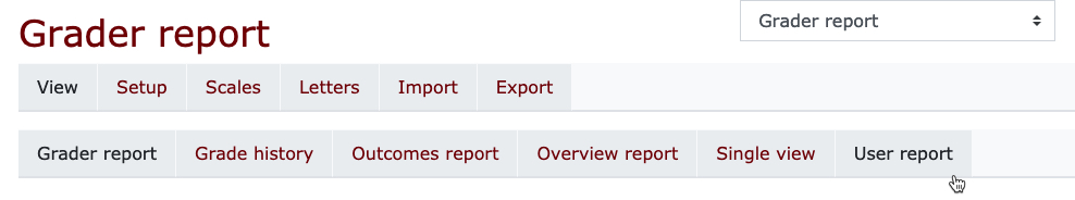 Selecting the user report option in Moodle gradebook.