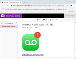 Screenshot of a fake Sharepoint OneNote webpage targeting Microsoft OneNote users