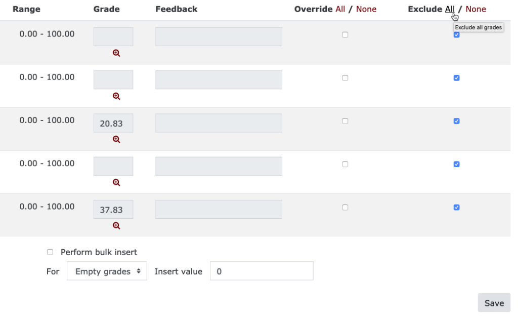 Choosing the option to Exclude grades in the Single view in Moodle gradebook.
